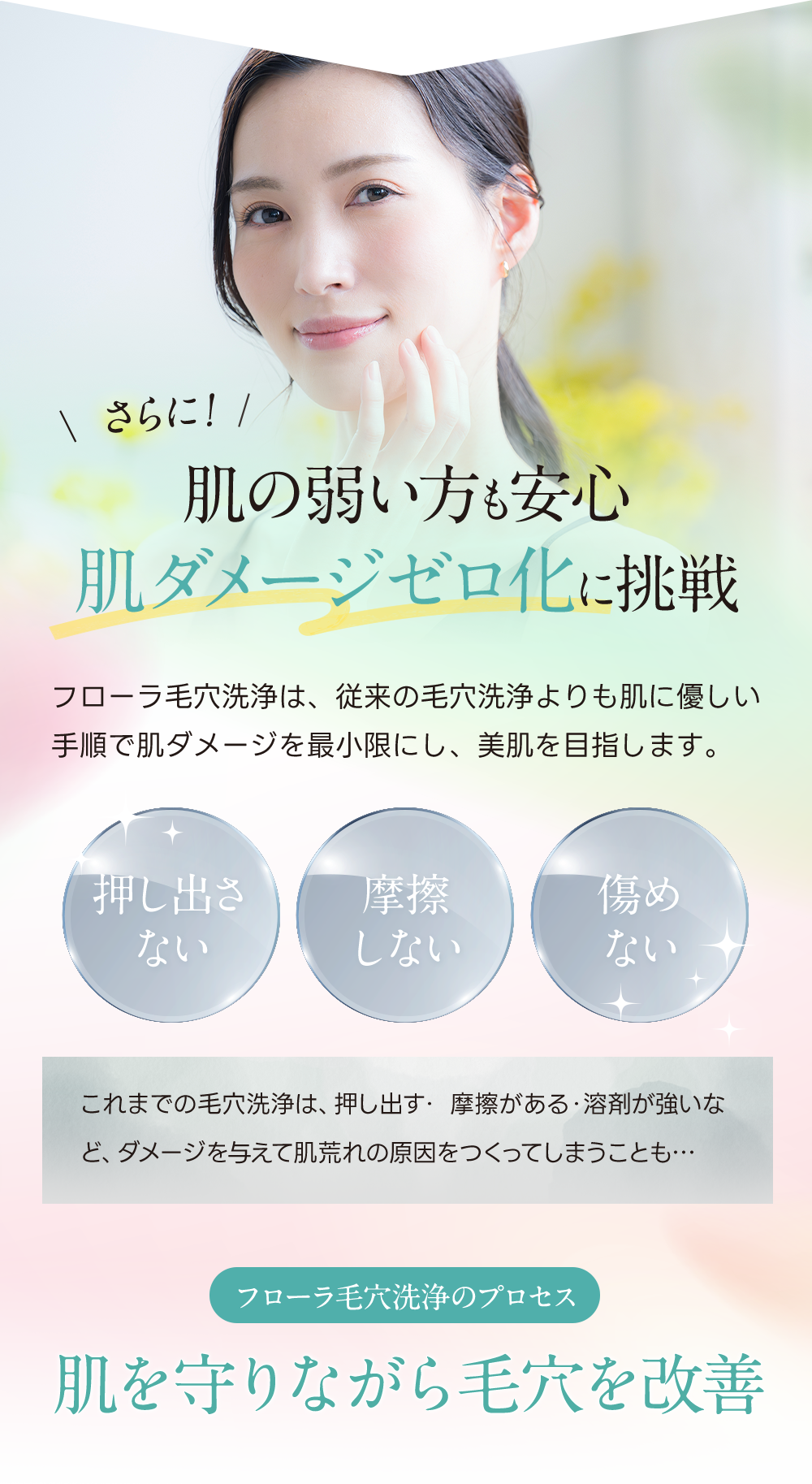 さらに！肌の弱い方も安心。肌ダメージゼロ化に挑戦。これまでの毛穴洗浄は、押し出す・摩擦がある・溶剤が強いなど、ダメージを与えて肌荒れの原因をつくってしまうことも…。フローラ毛穴洗浄のプロセス。肌を守りながら毛穴を改善。